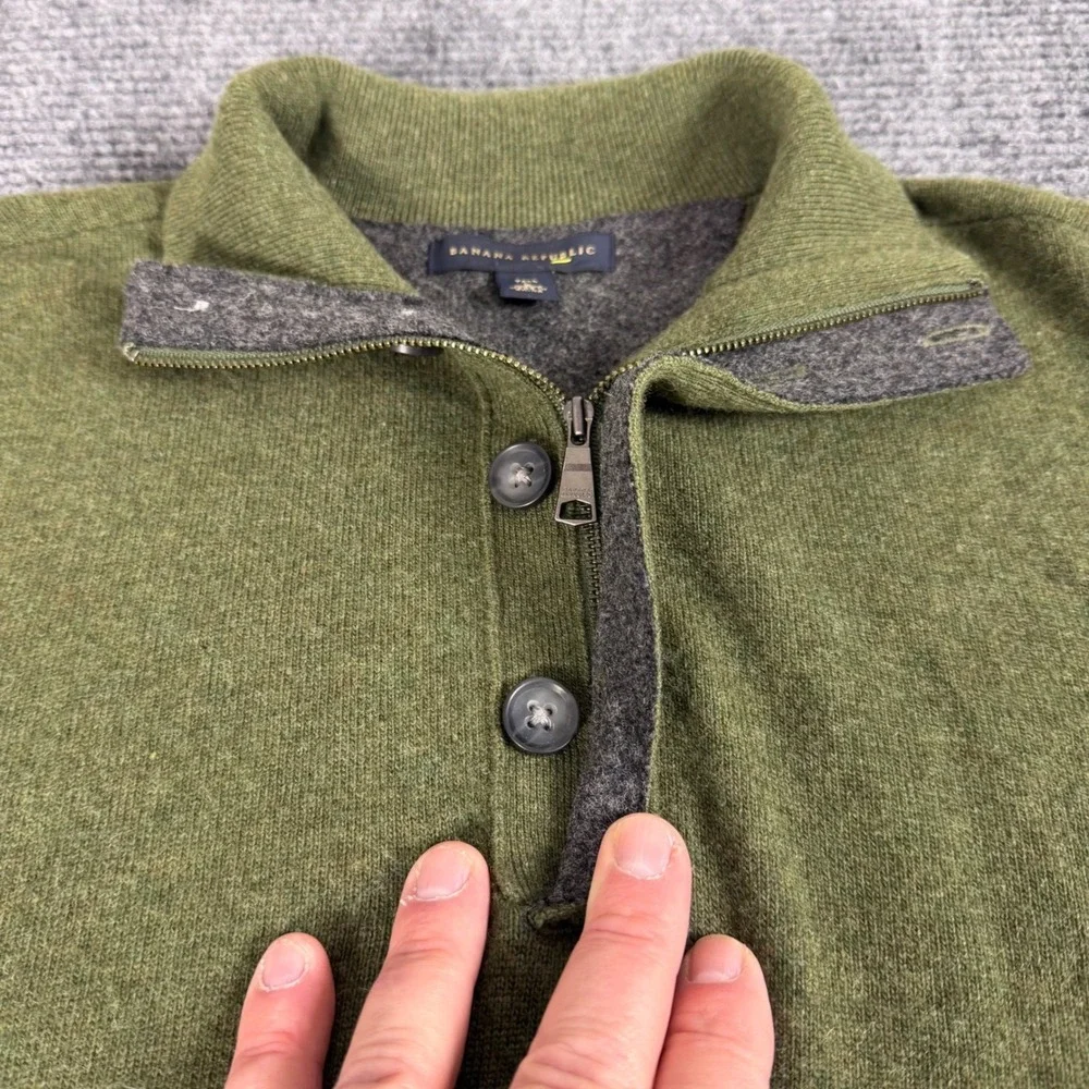 Banana Republic Mens Tall L Green 100% Merino Wool Quarter Zip Button Sweater